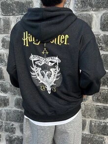 DAZY 秋冬款毛絨深灰色聯名圖案字母印花男士抽繩連帽衛衣 - 深灰色 - 查看 2