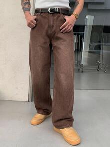 DAZY 男士寬腿寬鬆休閒百搭牛仔褲，附口袋，秋季款 - 棕色 - 查看 6