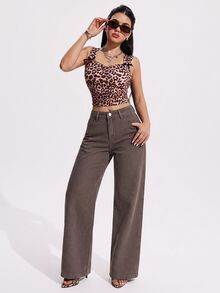 SHEIN PETITE 女款休閒百搭牛仔褲，附口袋與鈕扣設計，適合日常穿著 - 棕色 - 查看 5