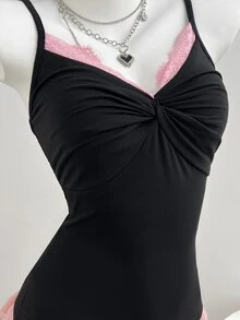 Elamini Women's Contrast Lace Twist Design Fashion Sexy Camisole Going Out Night Out Black And Pink Summer - Black - View 5