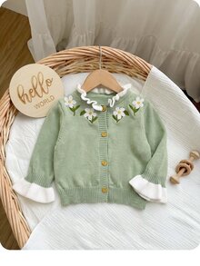 SHEIN 新生兒花卉刺繡圖案休閒日常毛衣 - 綠色 - 查看 6