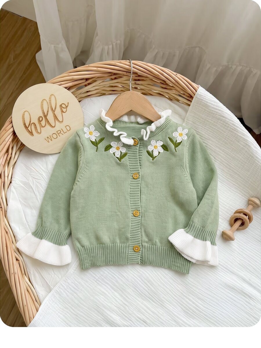 SHEIN Newborn Baby Floral Embroidered Pattern Casual Everyday Sweater - Green - View 1
