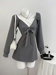 Elamini 女款假領拼接休閒可愛優雅日常秋季短洋裝，深灰色畢業禮服，適合日常約會 - 灰色 - 查看 1