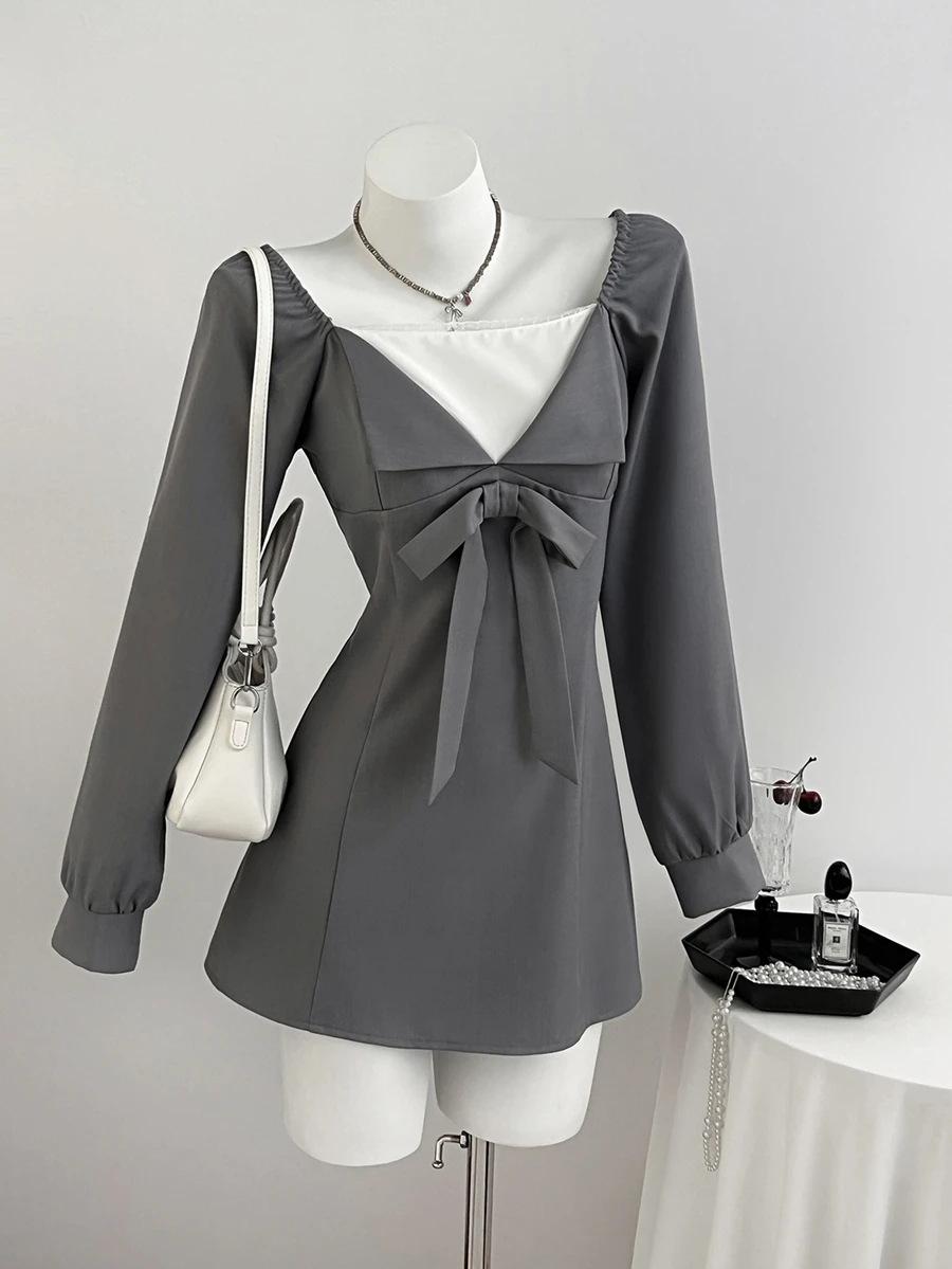 Elamini 女款假領拼接休閒可愛優雅日常秋季短洋裝,深灰色畢業禮服,適合日常約會 - 灰色 - 查看 1
