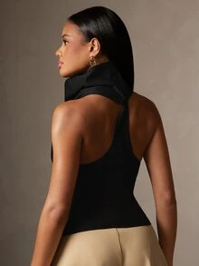 Hauture Atasan Wanita Seksi Kasual untuk Kantor, Warna Polos, Kerah Tinggi Model Turtleneck, Bahan Tenun Elastis, Tanpa Punggung - Hitam - View 2
