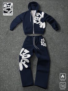 PAVTROS Men's Embossed Long Sleeve Hoodie And Drawstring Waist Pants Set - Navy Blue - View 1