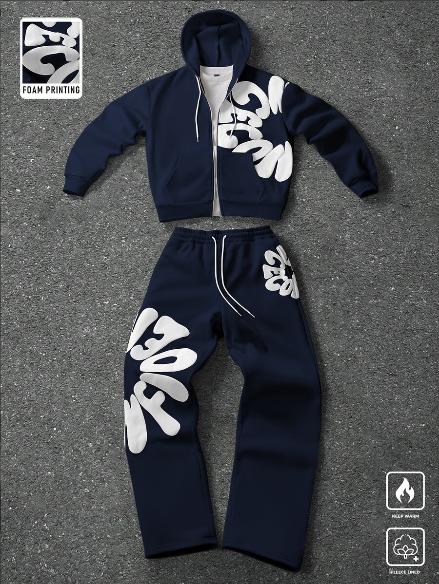 PAVTROS Men's Embossed Long Sleeve Hoodie And Drawstring Waist Pants Set - Navy Blue - View 1