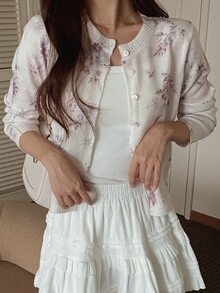 DAZY Women's Soft Single-Breasted Floral Print Knitted Cardigan Fall - White - View 2