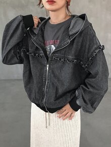 FRIFUL Women's Zipper Long Sleeve Denim Hooded Jacket - Black - View 1