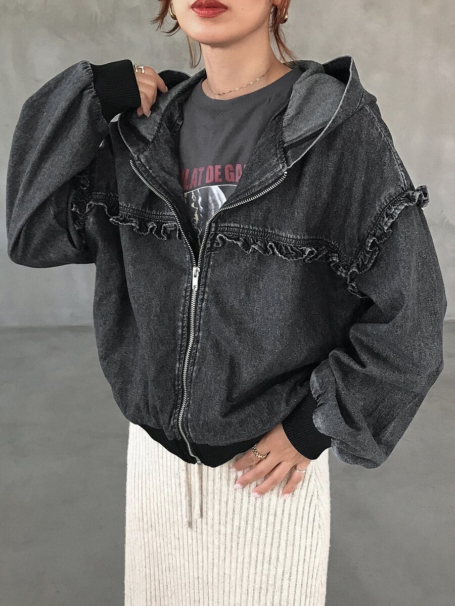 FRIFUL Women's Zipper Long Sleeve Denim Hooded Jacket - Black - View 1
