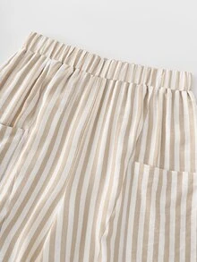 LUMIGAL Women's 2pcs Vintage Boho Casual Vacation Relaxed Fit Colorblock Striped V-Neck Waist-Cinching Top Lantern Wide Leg Pants Set Pockets Beige Fall - Multicolor - View 7