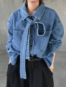 FRIFUL Women's Tie-Neck Casual Versatile Daily Denim Top - Blue - View 1