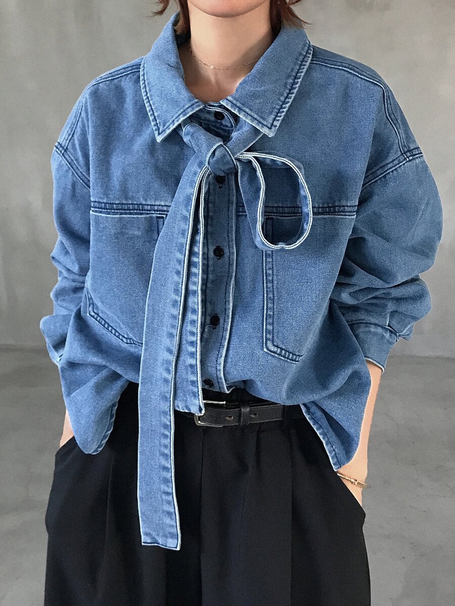 FRIFUL Women's Tie-Neck Casual Versatile Daily Denim Top - Blue - View 1