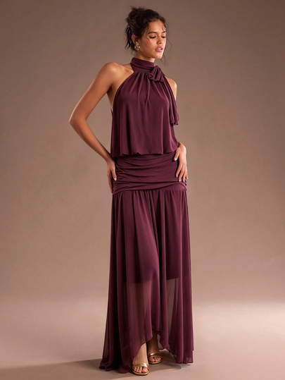 Glamine Purple Halter Backless Ruched Mesh Maxi Dress, Suitable For Beach Vacation, Ancient Town Travel, Restaurant Candlelight Dinner, Best Friend Afternoon Tea, Art Exhibition, Atmospheric Photo Shoot, Birthday Party, Date, Summer Outdoor Music Festival, Beach Stroll