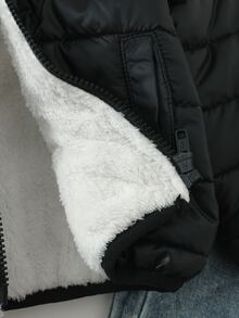 Elladie kids 1件少女色立領白色抓絨內裡拉鍊長袖外套，真實口袋，秋冬素色外套 - 黑色 - 查看 5