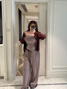 Vibekara Plus Size Solid Color Knit Cardigan, Striped Top With Slim Fit And Drawstring Detail, Elegant Casual Commute Daily Wear, Autumn Essential - Brown - View 5