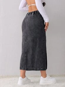 SHEIN Tall 女款高腰單排扣休閒牛仔裙職場穿搭 - 黑色 - 查看 2