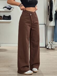 SHEIN Tall 女款鈕扣休閒街頭風百搭直筒牛仔褲，日常與夜生活適用，咖啡棕色，夏季 - 棕色 - 查看 4