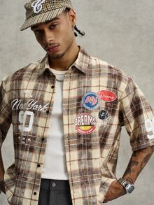 PAVTROS Men's Plus Size Letter Plaid Short Sleeve Single-Breasted Casual Shirt - Brown - View 5
