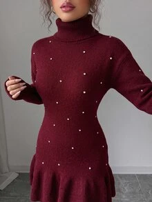 SHEIN Raffinéa Christmas Elegant Fitted High Neck Long Sleeve Rhinestone Embellished Waist-Cinching Ruffle Hem Burgundy Women Fall Winter Dress New Year Date Dinner - Burgundy - View 8