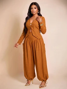 Brilight Textured 2 Pieces Set V Neck Crop Blazer Drawstring Wide Leg Pants Elegant Outfit For Teachers' Day Daily Office Corporate Rust Brown Autumn - Burnt Orange - View 15