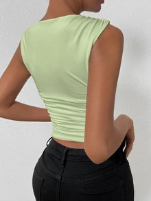 Allurite Women's Solid Color Round Neck Ruched Fitted Casual Versatile Tank Top - Green - View 2