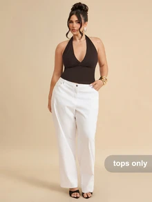 SHEIN BAE CURVE 純色極簡性感V領掛脖蝴蝶結肩帶百搭派對度假約會背心 - 咖啡棕 - 查看 4