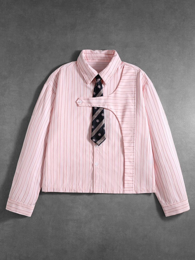ROMWE MEN Camisa casual de uso diario con cuello a rayas para hombre - Rosa - Añade 8