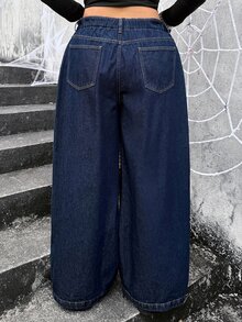 Jeanoix Plus Size Women's Casual Denim Wide Leg Pants With Pockets - Blue - View 2