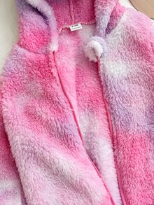 SHEIN LMoss Kids 新生女嬰可愛秋冬款毛絨花卉圖案長袖連帽連身衣 - 玫紅色 - 查看 6