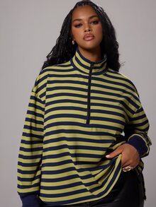 Rustia Plus Size Striped Stand Collar Zip-Up Sweatshirt, Sporty Casual Fall - Navy Blue - View 5