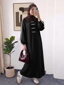 Veilorie 女款秋季休閒青蛙鈕扣長洋裝 - 黑色 - 查看 1