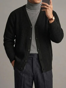 DAZY Autumn/Winter V-Neck Cardigan With Cuffed Sleeves And Hem, Solid Black Commuter Style Men's Cardigan - Black - View 5