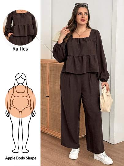 Shapeblank Plus-Size Women's Spring And Autumn Fashion Casual Loose Comfort Babydoll Dress Long-Sleeved Shirt And Wide-Leg Pants Brown Two-Piece Set,Fall Outfits