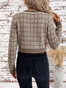 SHEIN Clasi 1件女款白色金邊修身短版開襟衫，格紋圖案，適合秋季/辦公室早午餐優雅穿搭 - 彩色 - 查看 2