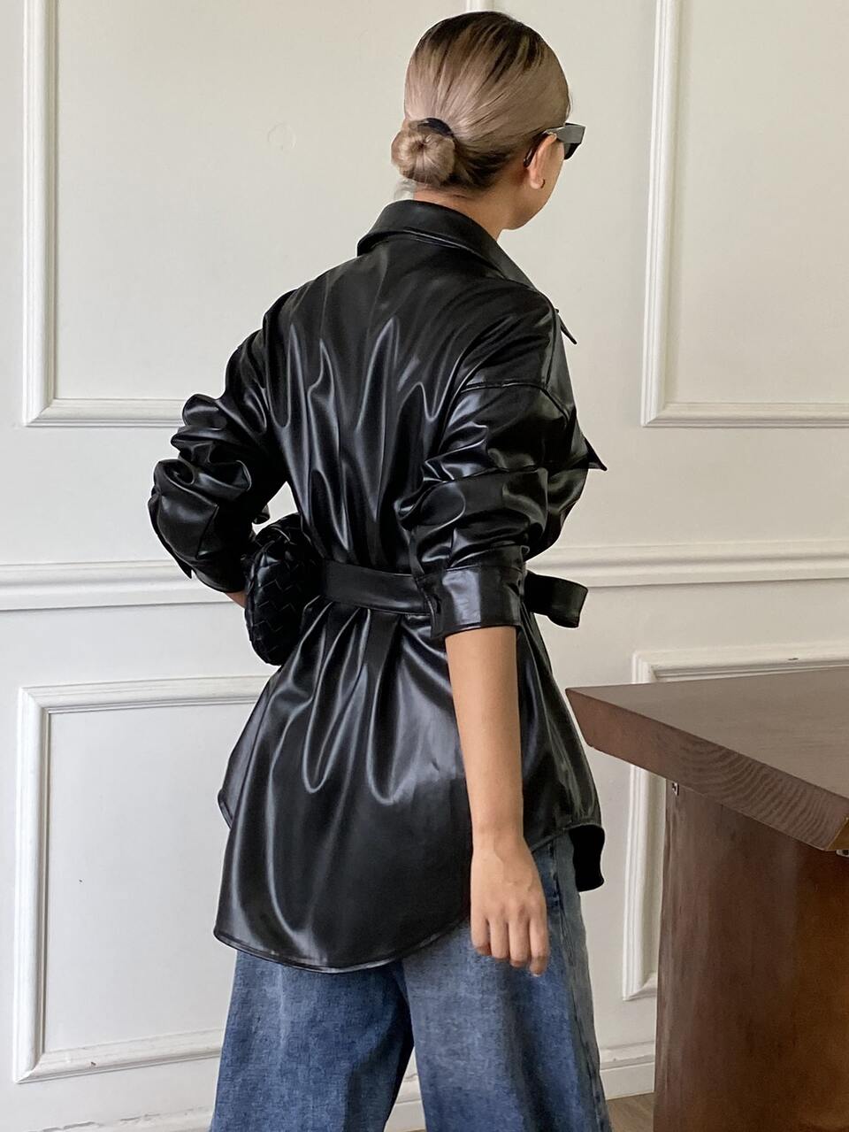 Solid Color Loose Long Sleeve Belted Casual Streetwear PU Jacket Women's Regular Jacket Autumn/Winter Vacation