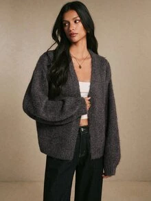 Poéselle Women's Charcoal Gray Fuzzy Wrap Cardigan – Soft V-Neck Open-Front Long-Sleeve Sweater With Relaxed Oversized Fit Brown Sweater Fall Winter Sweater - Brown - View 6