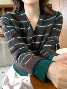 DAZY 女款V領條紋開襟針織衫，休閒都市風長袖上衣 - 綠色 - 查看 2