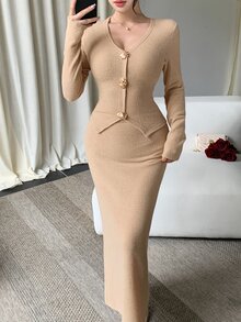 DAZY Women's V-Neck Sweater And Long Skirt Elegant 2 Pieces Set - Khaki - View 5