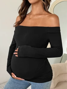 Dazy Maternity Solid Color Fitted Elastic Square Neck Long Sleeve Casual Vacation Spring/Autumn Maternity T-Shirt - Black - View 4