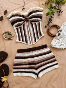 Soleia Women's Plus Size Vacation Striped Knit 2 Pieces Set - Multicolor - View 1
