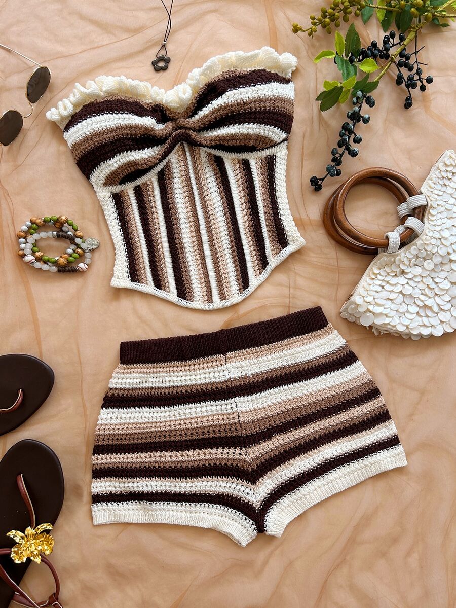Soleia Women's Plus Size Vacation Striped Knit 2 Pieces Set - Multicolor - View 1