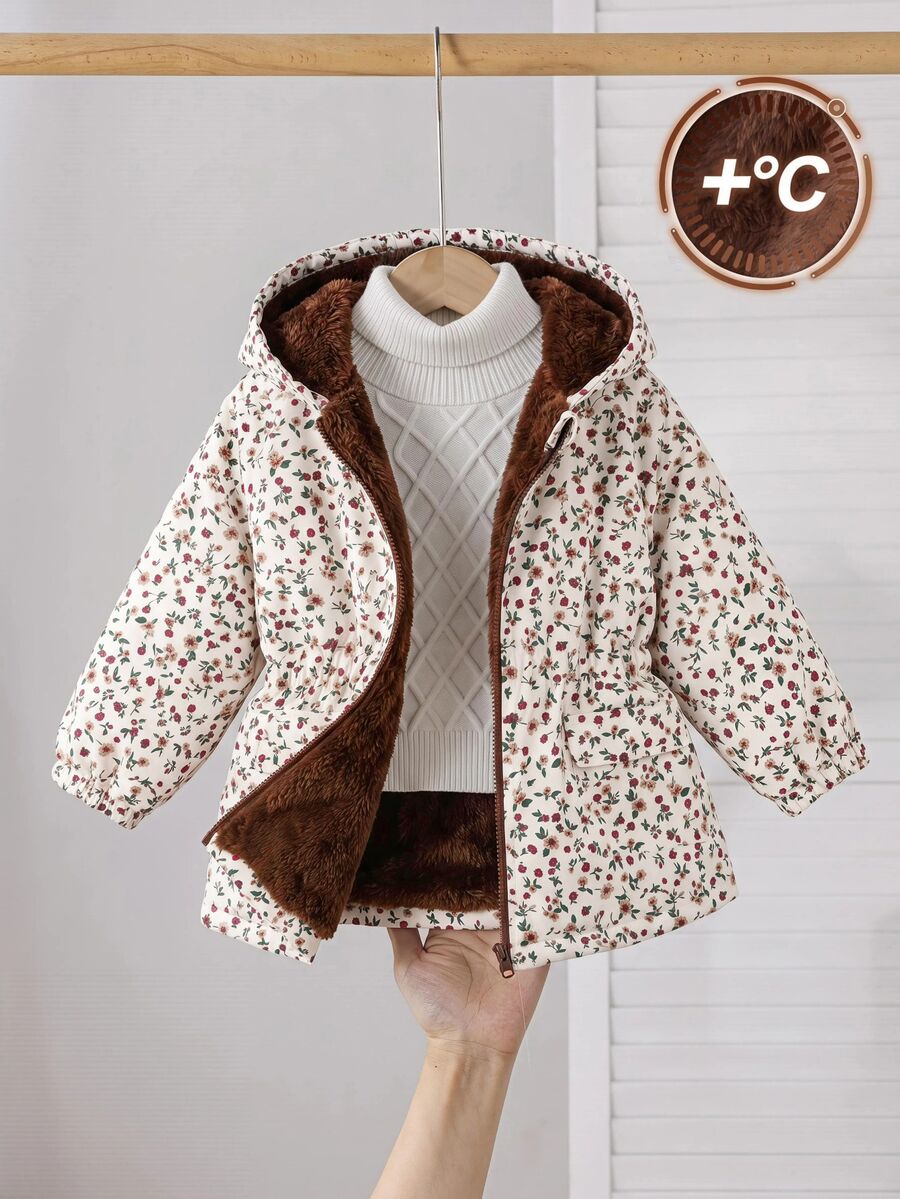SHEIN Babygirl Cute Autumn/Winter Floral Thermal Lined Versatile Hooded Jacket - Multicolor - View 1