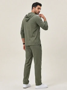 DAZY Spring/Autumn Military Green Hooded Pullover Button Half-Zip Elastic Waist Pants Men's Hoodie Set - Army Green - View 2