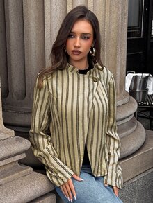 Aloruh Women's Autumn/Winter New Stand Collar Khaki Metal Button Striped Jacket Shirt,Going Out - Khaki - View 7