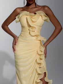Elitara Elegant Pale Yellow One-Shoulder Ruched Organza Evening Gown With Ruffle Trim, High Slit And Floor-Length Fitted Silhouette For Wedding Guest, Bridesm - Yellow - View 8