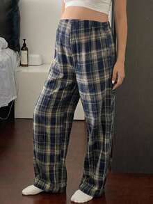 DAZY Plaid Loose Wide Leg Pants With Elastic Waist, Casual Daily Home Wear, Autumn/Winter Long Pants, Maternity Pants - Blue - View 9