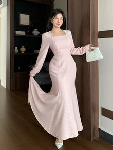Modelyn Elegant Square Neck Pearl Embellished Long Sleeve Fitted Mermaid Dress - Pink - View 7