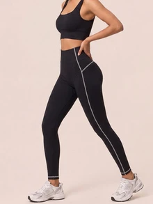 SHEIN BAE Women Black High Waist Leggings Tummy Control Gym Workout Training Running Yoga Athletic Pants - Black - View 5
