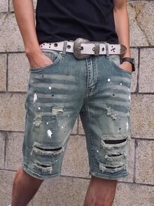 Manfinity EMRG 男士休閒做舊牛仔短褲，附口袋 - 淺色水洗藍 - 查看 4